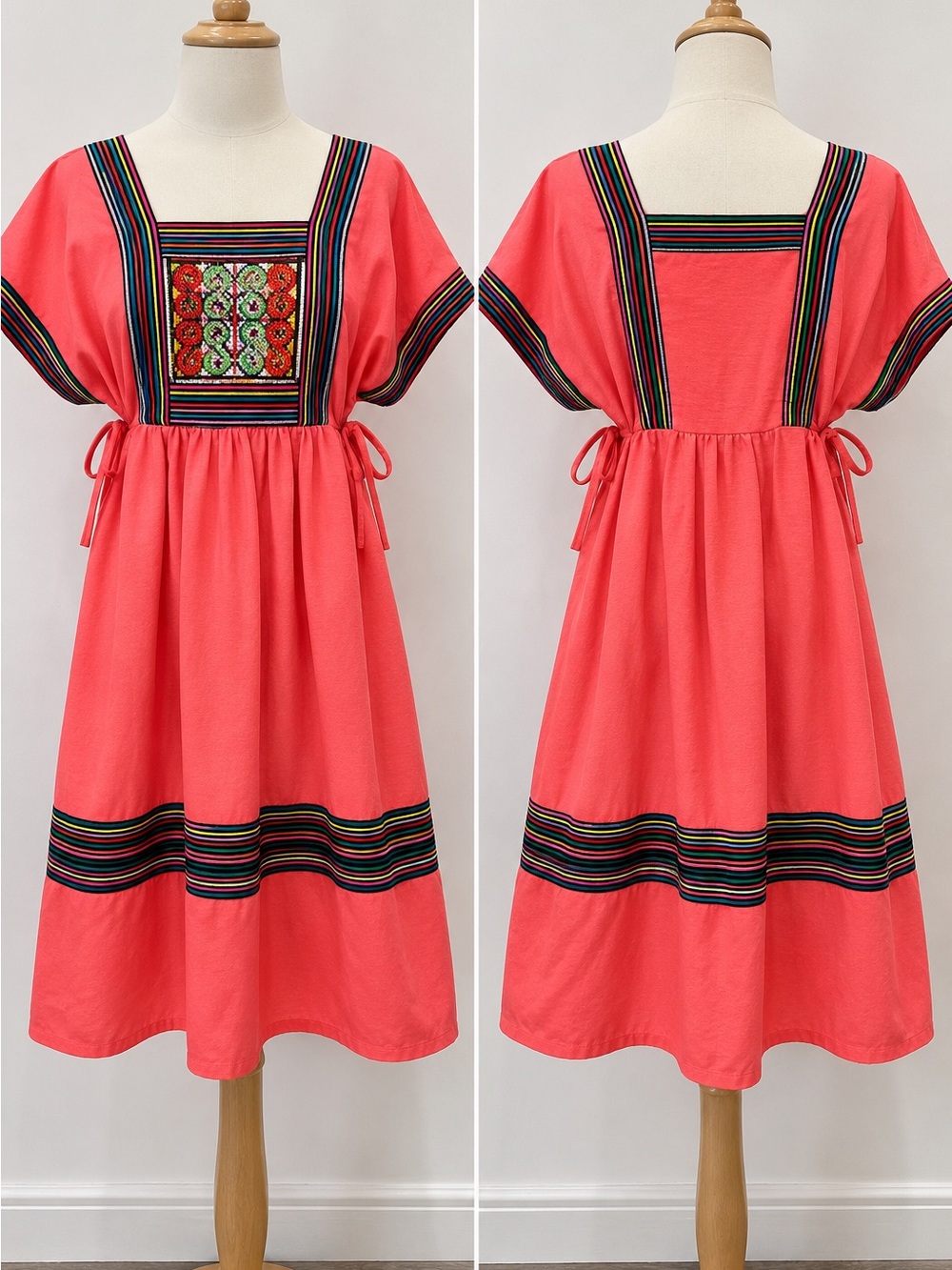 Vintage-Inspired Coral Embroidered Boho Folk Dress Size L BNWOT